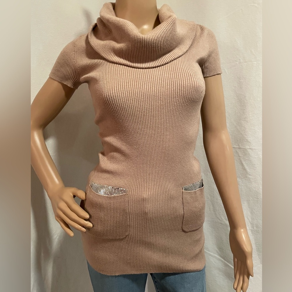 INC International Concepts Cowl Neck short sleeve Sweater - Beige with Silver